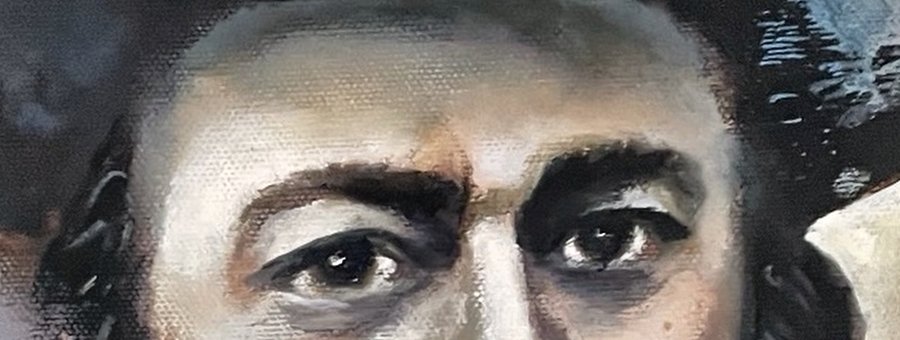 Detail of the painting: the eyes and brow, worked in thick strokes of grey, blue and bone.