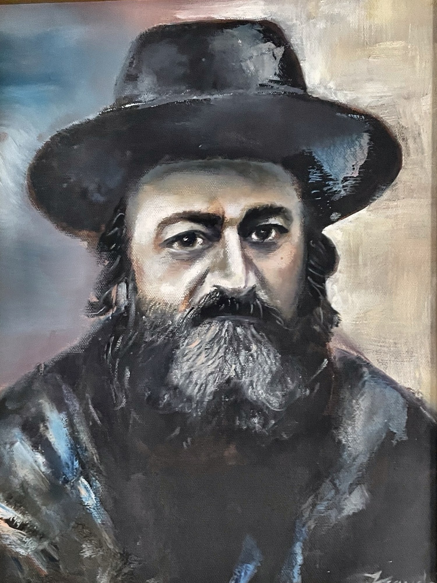 Oil portrait of Rav Meir Shapiro in a black hat and dark coat, painted in loose, expressive strokes against a soft blue and bone background.